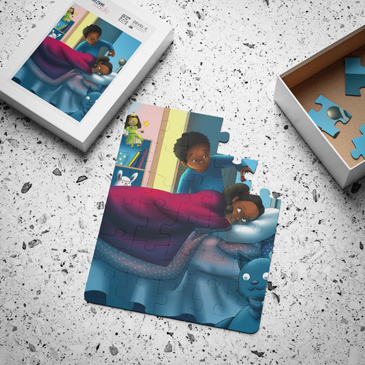 Kids Puzzle, 30 piece, Scary Scary Sasha, Dylan with Lady Bug, 14"x11"