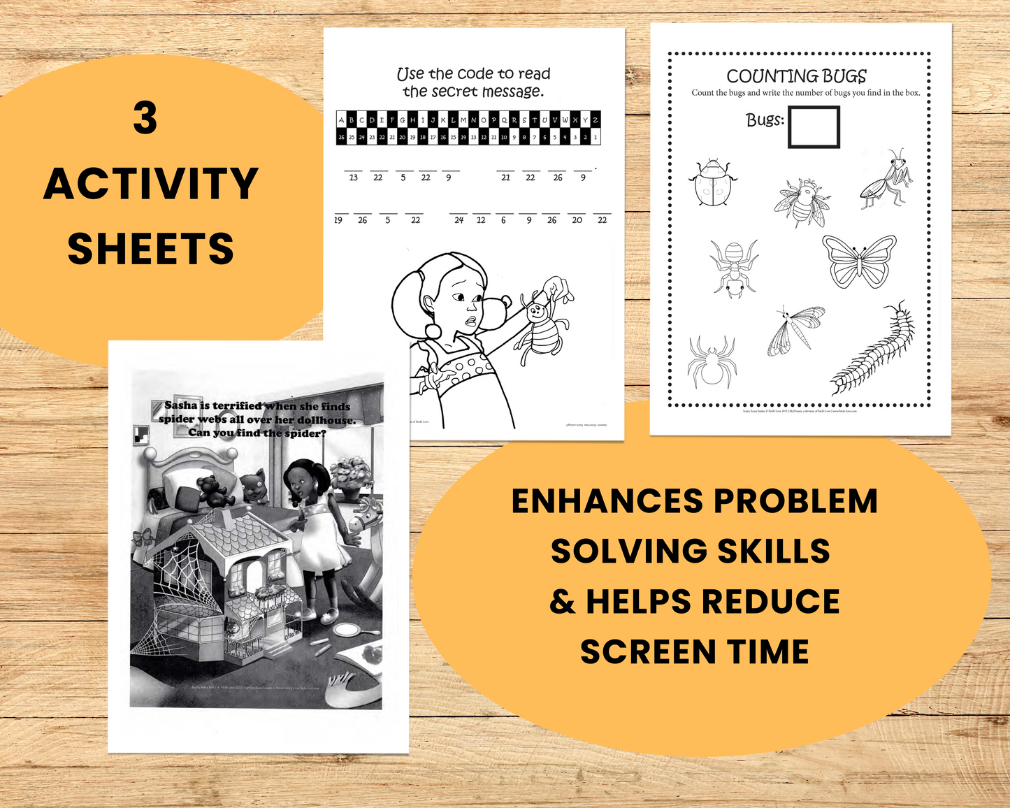Printable Coloring Pages, Activity Sheets, 6 pages, Home Activities, Home Games, Classroom Games, Scary, Scary Sasha, preschoolers, toddlers